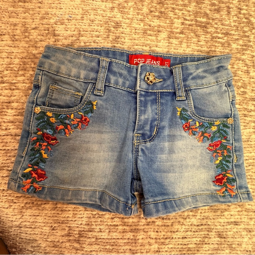 Just Adorable Girls Blue Embroidered Shorts